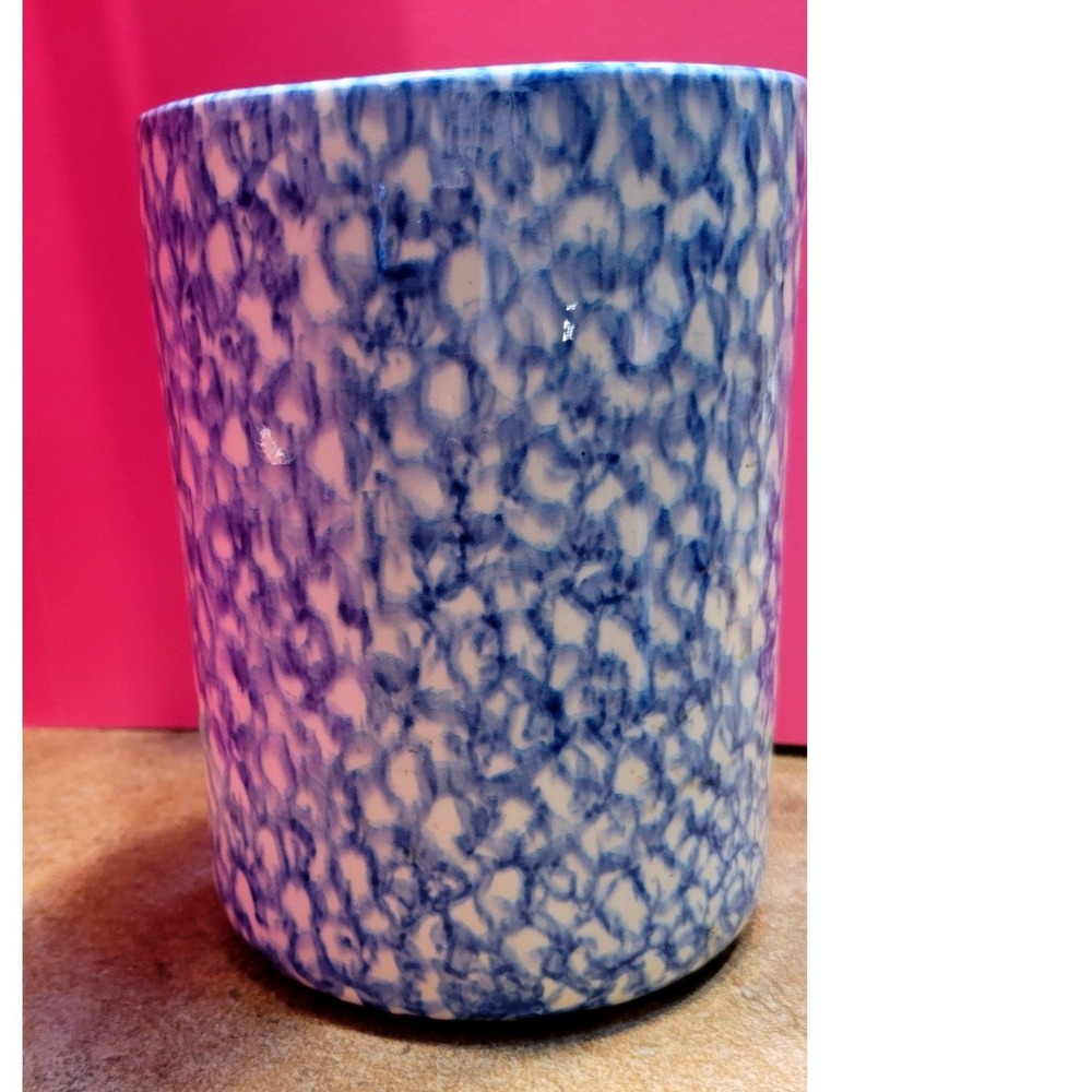Blue White Spongeware Ceramic Crock Utensil Holder Farmhouse Decor 6 Inch